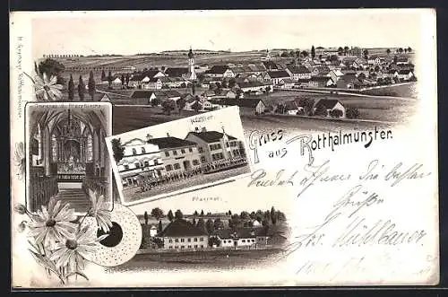 Lithographie Rotthalmünster, Kloster, Pfarrhof, Inneres der Pfarrkirche und Totalansicht