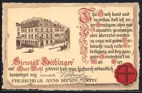 Lithographie Freiburg i. B., Gasthaus Bierstall Hechinger im Urkunden-Passepartout