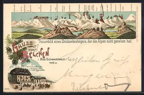 Lithographie Belchen, Alpenpanorama und Gasthaus Belchen