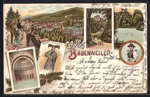 Lithographie Badenweiler, Inneres Marmorbad, Schwanenweiher, Markgräflerin