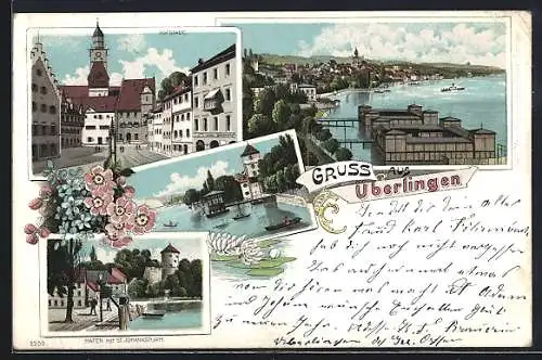 Lithographie Überlingen / Bodensee, Hofstadt, Hafen mit St. Johannisturm, Badeanstalt