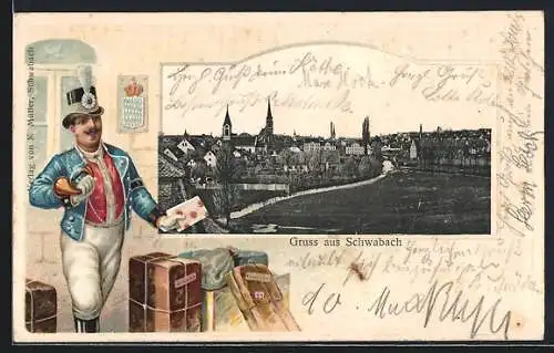 AK Schwabach, Ortsansicht im Passepartout mit Briefträger und Paketen