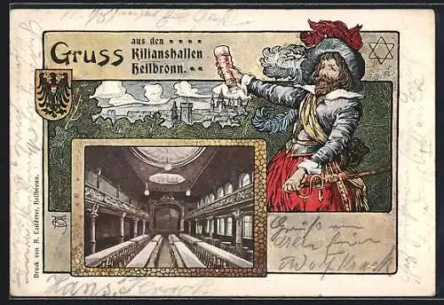 Lithographie Heilbronn, Teilansicht, Gruss aus den Kilianshallen