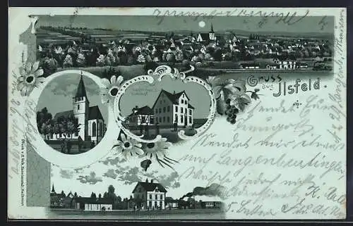 Mondschein-Lithographie Ilsfeld, Gasthaus zum Bahnhof, Bahnhof und Kirche