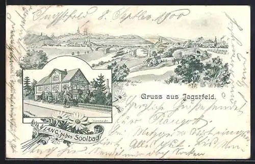 Lithographie Jagstfeld, Lang`sches Soolbad und Totalansicht