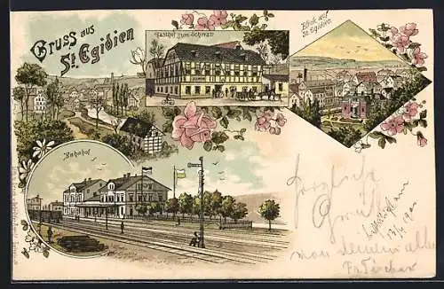 Lithographie St. Egidien, Gasthof zum Schwan, Bahnhof und Ortspartie