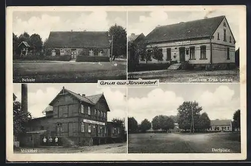AK Jännersdorf, Gasthaus Erna Lemke, Dorfplatz, Molkerei und Schule