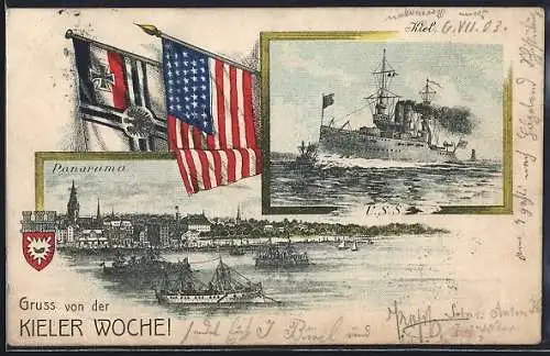 Lithographie Kiel, Kieler Woche 1903, Panorama und Kriegsschiff, Reichskriegs- und US-Amerikanische Flagge