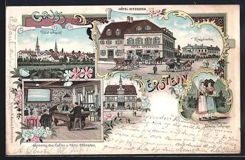 Lithographie Erstein, Hotel Offenstein, Rathaus, Kreisdirektion, Trachten von Elsass-Lothringen