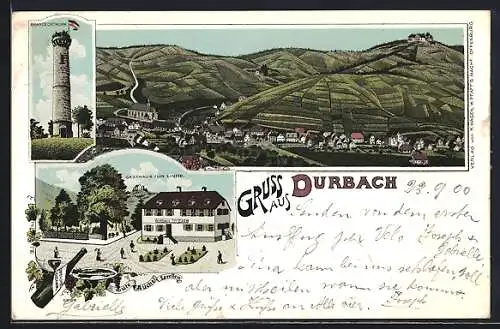 Lithographie Durbach, Totalansicht, Gasthaus zur Linde, Brandeckturm