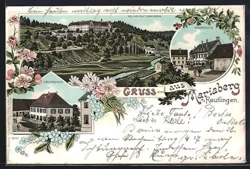 Lithographie Mariaberg b. Reutlingen, Heilanstalt, Mädchenhaus und Knabenhaus