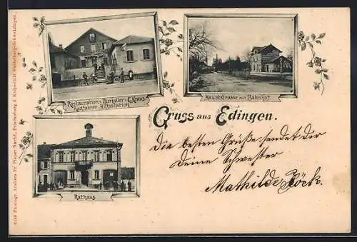 AK Edingen / Neckarhausen, Restaurant zum Bierkeller von G. Kraus, Hauptstrasse mit Bahnhof, Rathaus