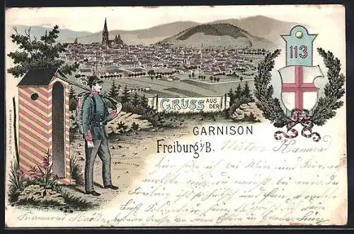 Lithographie Freiburg i. B., Garnison, Uniformierter Soldat vor einem Wachhaus, Totalansicht