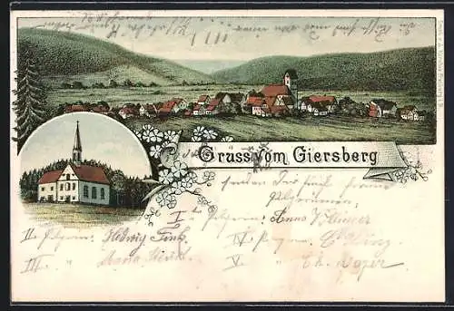 Lithographie Kirchzarten, Kirche, Ortsansicht mit Giersberg