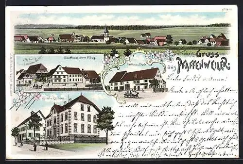 Lithographie Pfaffenweiler / Villingen, Gasthaus zum Pflug, Gasthaus zum Rössle, Schul- und Rathaus