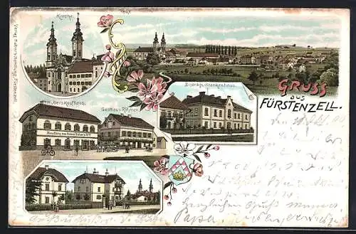 Lithographie Fürstenzell, Gasthaus Röhrner und Hubers Kaufhaus, Distrikts-Krankenhaus