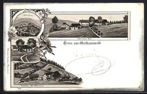 Lithographie Oberfrauenwald, Gasthaus Kaff, Dorn und Wollaberg, Aufstieg über Reitmühle