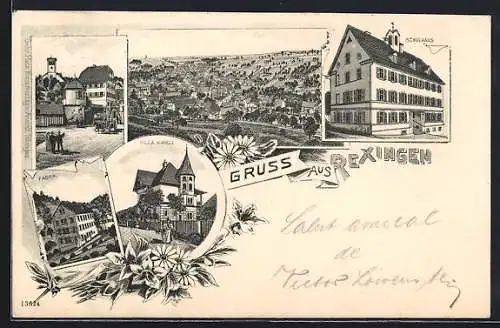 Lithographie Rexingen, Fabrik, Schulhaus und Villa Kinkele