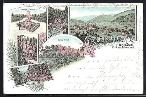 Lithographie Wehr / Baden, Kriegerdenkmal, Schloss Werrach, Wehrathal