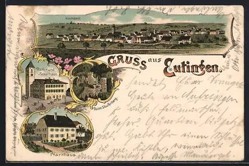 Lithographie Eutingen / Württ., Rathaus und Schule, Panorama, Pfarrhaus