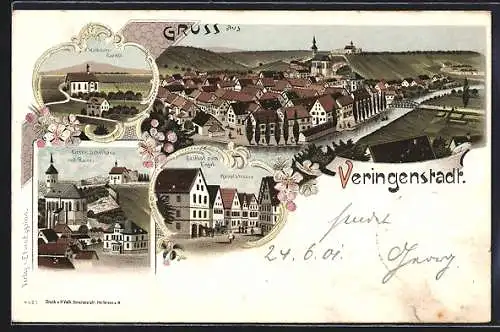 Lithographie Veringenstadt, Gasthof zum Engel an der Hauptstrasse, Wallfahrtskapelle