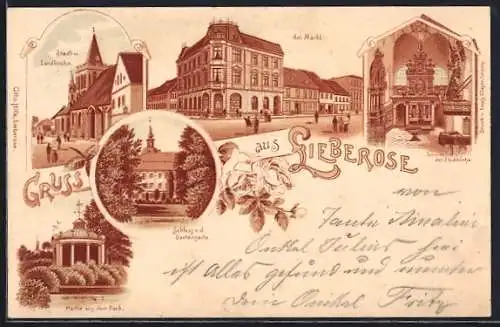 Lithographie Lieberose, Am Markt, Schloss von der Gartenseite, Inneres der Stadtkirche