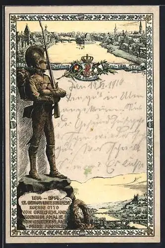 Künstler-AK Neu-Ulm, 100. Jubiläum des k. b. 12. Infanterie-Regiments Prinz Arnulf 1914, Soldat und Panorama