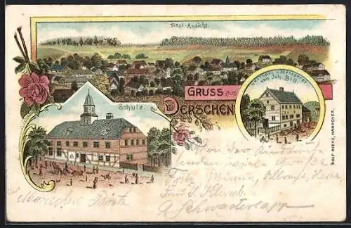 Lithographie Derschen, Gasthaus u. Metzgerei v. Joh. Bill, Schule, Ortsansicht