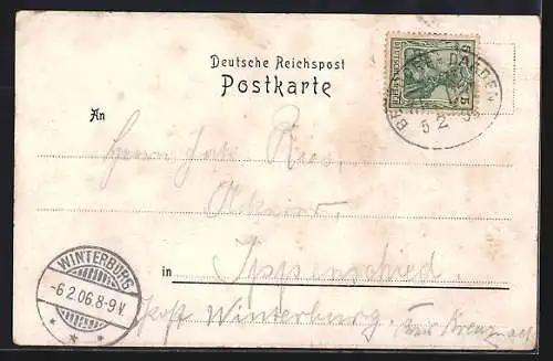 Lithographie Derschen, Gasthaus u. Metzgerei v. Joh. Bill, Schule, Ortsansicht