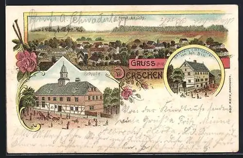 Lithographie Derschen, Gasthaus u. Metzgerei v. Joh. Bill, Schule, Ortsansicht