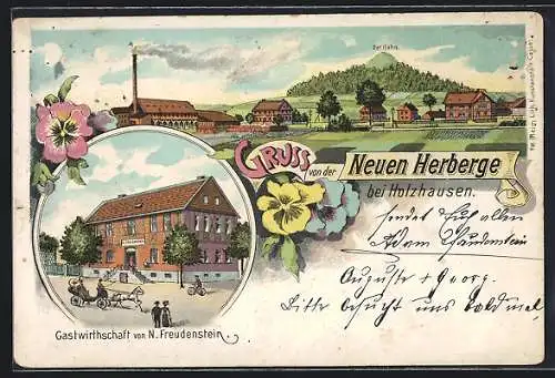 Lithographie Holzhausen / Edermünde, Gasthaus Neue Herberge, Bes. N. Freudenstein, Ortsansicht mit dem Hahn