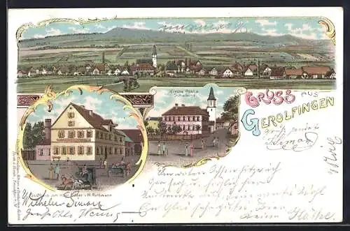 Lithographie Gerolfingen, Gasthaus zum roten Ochsen, Kirche mit Post und Schule