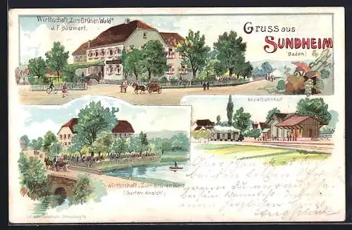 Lithographie Sundheim, Gasthaus zum grünen Wald, Bes. J. Baumert, Bahnhof, Eisenbahn, Pferdekutsche