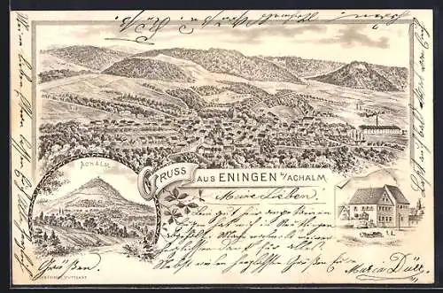 Lithographie Eningen /Achalm, Gasthaus Riedel und Panorama