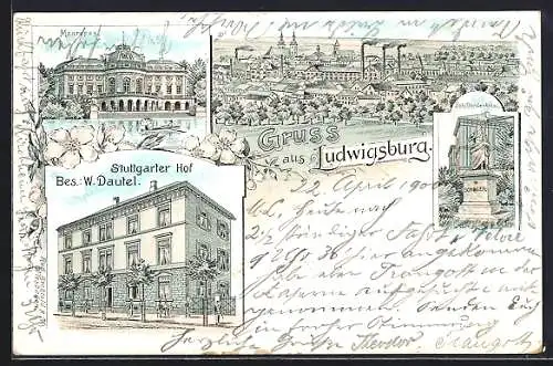 Lithographie Ludwigsburg / Württemberg, Gasthaus Stuttgarter Hof, Monrepos, Schillderdenkmal