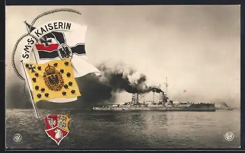 AK Kriegsschiff S.M.S. Kaiserin, Fahnen und Wappen