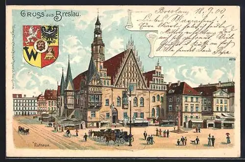 Lithographie Breslau, Strassenpartie am Rathaus