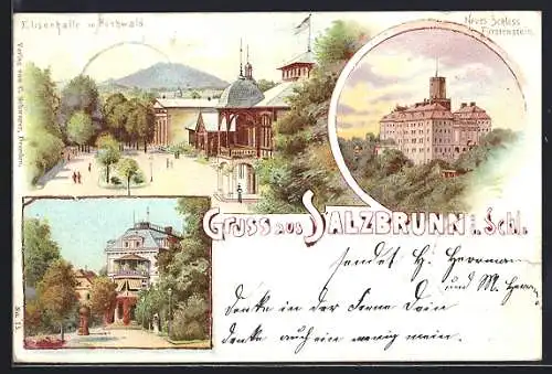 Lithographie Bad Salzbrunn, Elisenhalle mit Hochwald, Neues Schloss Fürstenstein