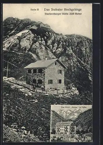 AK Starkenburger Hütte im Stubaier Hochgebirge, Berghütte, Telfes, das Hotel Serles