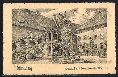 Künstler-AK Nürnberg, Burghof mit Kunigundenlinde