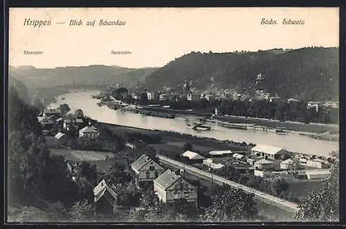 AK Krippen, Teilansicht mit Zirkusdorf am Elbufer, Blick nach Bad Schandau