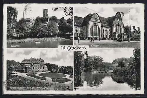 AK M. Gladbach, Bahnhof, Geroplatz, Volksgarten-Teich mit Halle