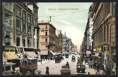 AK Berlin, Friedrichstrasse mit Strassenbahnen und Geschäften