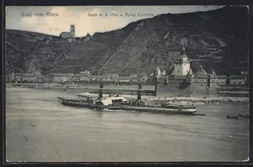 AK Kaub a. Rh., Ortsansicht mit der Pfalz und Ruine Gutenfels