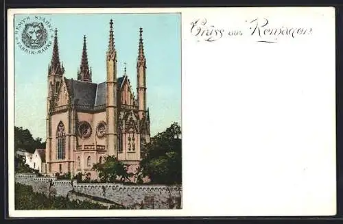 AK Remagen, Kirche, Reklame für Remys Stärke-Fabrik-Marke