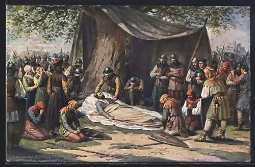 AK Zizkova smrt u Pribyslavi R. 1424, Mann liegt auf den Sterbebett