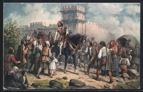 Künstler-AK Karel IV. ulevuje bide stavbe..., histor. Szene in Tschechien