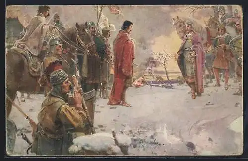 Künstler-AK Setkáni Premysla Otakara I. s Vadislavem III. r. 1197, histor. Szene in Tschechien