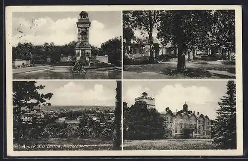 AK Bruck a.d. Leitha, Ortsansicht, Schloss Prugg, Bruckneudorf mit Kriegerdenkmal