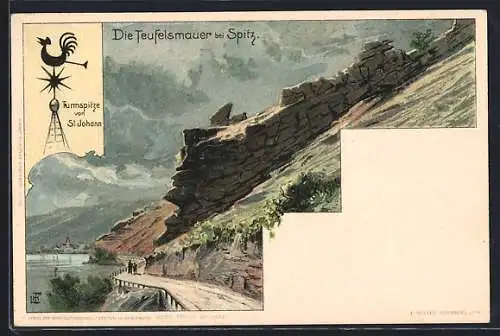 Lithographie Spitz, Felsformation Teufelsmauer, Turmspitze von St. Johann